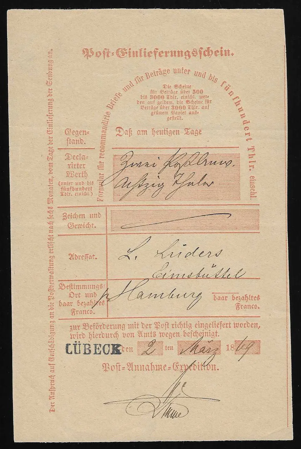 "Lübeck", 1858, ontvangstbewijs voor een buitenlandse waardebrief naar Amsterdam, plus nog een ontvangstbewijs uit 1858 met L1