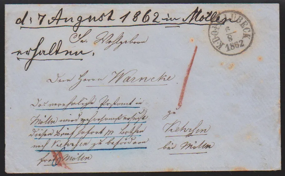 "Lübeck", 1862, Deense K.D.O.P.A.-K1 op zeldzame, licht bevlekte landexpresse-envelop naar Kehrsen bij Mölln (6 Sch. landexpressekosten)