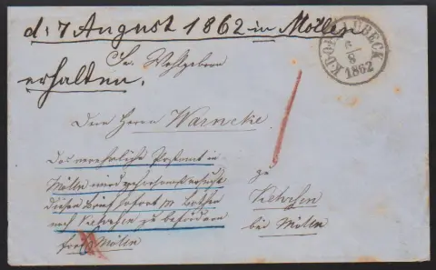 "Lübeck", 1862, Deense K.D.O.P.A.-K1 op zeldzame, licht bevlekte landexpresse-envelop naar Kehrsen bij Mölln (6 Sch. landexpressekosten)