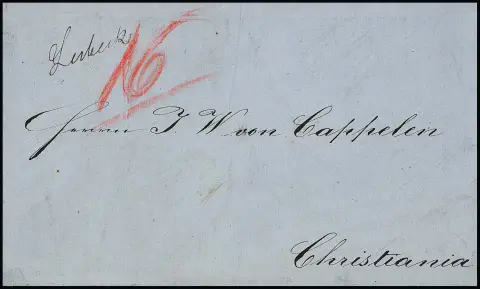 "Lübeck", 1864, ongebruikelijke uitsluitend handgeschreven verzending en taxe "16" Sk. op brief met inhoud via Kopenhagen en Sandosund naar Christiania/Noorwegen