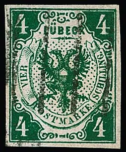 4 Sch. donkergroen, rondom breedgerande en duidelijk gestempelde kabinetstuk, gesigneerd Grobe en attest Brettl. Mi. 750,-