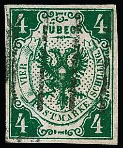 4 Sch. donkergroen, rondom breedgerande en duidelijk gestempelde kabinetstuk, gesigneerd Grobe en attest Brettl. Mi. 750,-