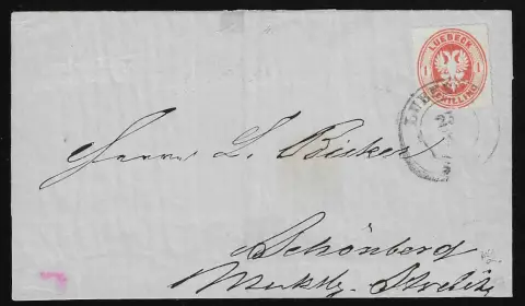1 Sch. roodoranje, prachtexemplaar op (keerzijde verkorte) brief van Lübeck naar Schönberg, ex Trabert