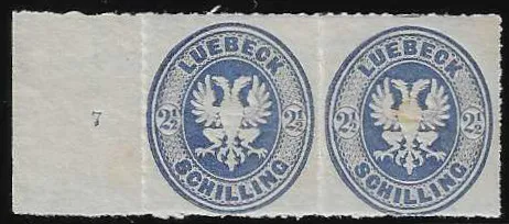 2 1/2 Sch. ultramarijn, ongebruikt horizontaal paar met linker velrand en rijnummer "7" (keerzijde licht getint), gesigneerd Bühler