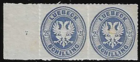 2 1/2 Sch. ultramarijn, ongebruikt horizontaal paar met linker velrand en rijnummer "7" (keerzijde licht getint), gesigneerd Bühler