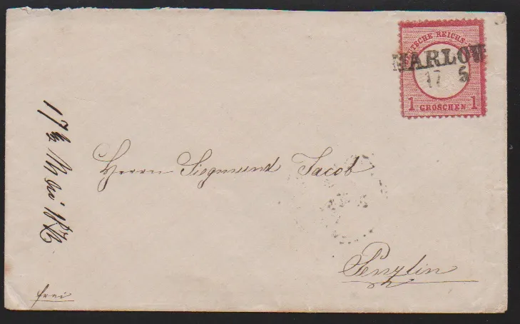 "Marlow" en "Redefin", nagezonden L2-stempels op twee brieven 1 Gr. groot borstschild (eenmaal wat "vierkant-rond")