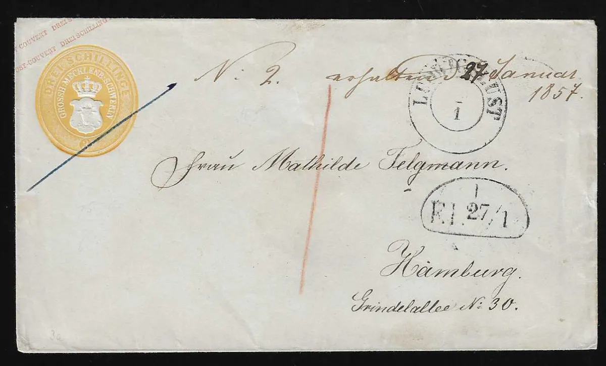 Celina 3 Sch. žlutá, nádherná obálka s K2 "Ludwigslust" do Hamburku (známá korespondence "Telgmann") s předním pěším poštovním razítkem 1857