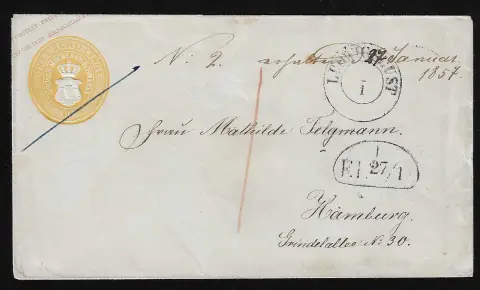 Postwaardestuk 3 Sch. geel, prachtige envelop met K2 "Ludwigslust" naar Hamburg (bekende "Telgmann"-correspondentie) met voorzijde voetpoststempel 1857