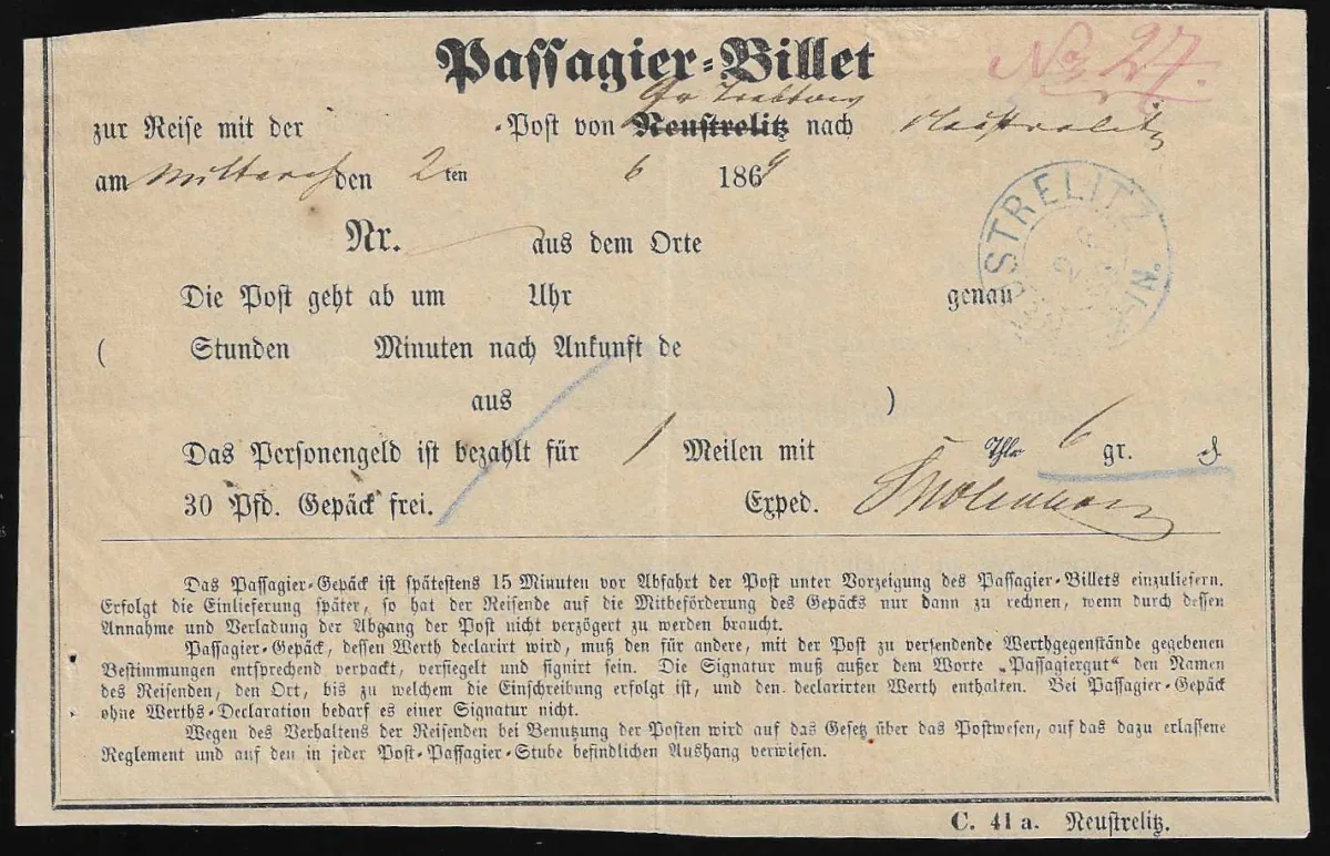 "Neustrelitz", 1869, modrý K2 na nahoře mírně zkráceném předtištěném poštovním cestovním lístku "Passagier-Billet" na cestu do Neustrelitz