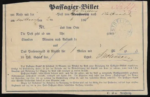 "Neustrelitz", 1869, blauwe K2 op boven iets verkorte voorgedrukte post-reisbiljet "Passagier-Billet" voor een rit naar Neustrelitz