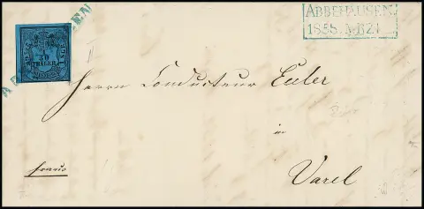 "Abbehausen", de blauwe L1 als stempelontwaarding, de grote Ra2 ernaast geplaatst, 1858 op brief met deels zeer brede rand 1/30 Th. (rechtsonder "loeprand")