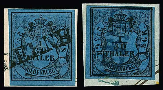 "Berne", klein type van de L1 in zwart op kabinetbriefstuk 1/30 Th. (goede type II), evenals in blauw (groot type) op vier waarden 1/30 Th.