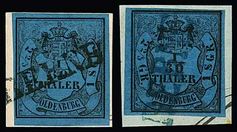 "Berne", klein type van de L1 in zwart op kabinetbriefstuk 1/30 Th. (goede type II), evenals in blauw (groot type) op vier waarden 1/30 Th.