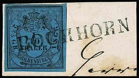 "Bockhorn", schwarzer L1 voll auf Briefstück mit gut gerandeter 1/30 Th. schw./blau (gute Type II, sign. Krause), ferner auf weiterem Bfst. 1/30 Th. (ber.)…