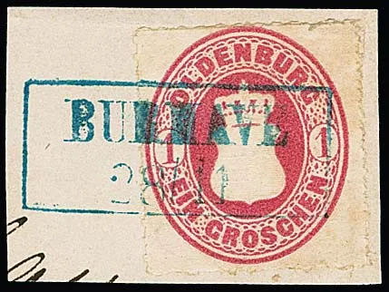 "Burhave", blauer Ra2 auf Kabinettstück 1/30 Th., sowie drei Briefstücken Wappen 1 Gr. (zwei etwas "eckrund")