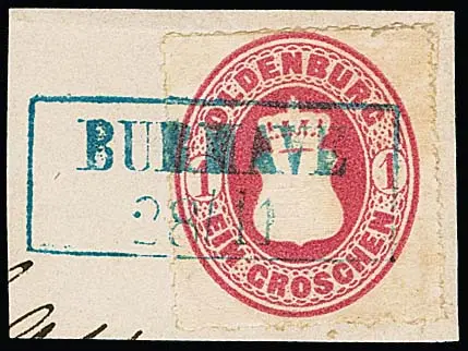 "Burhave", blauer Ra2 auf Kabinettstück 1/30 Th., sowie drei Briefstücken Wappen 1 Gr. (zwei etwas "eckrund")