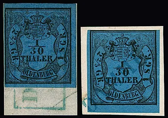 "Damme", blauer L1 voll auf Briefstück 1/30 Th. (oben etwas Randlinienschnitt), ferner der Ra2 voll auf Kabinettbriefstück 1/30 Th. sowie auf drei Werten…