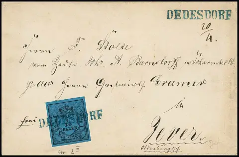"Dedesdorf", blauer L1 klar auf Damencouvert (dieses am Rand Gebrauchsspuren) mit breitrandigem Kabinettstück 1/30 Th.