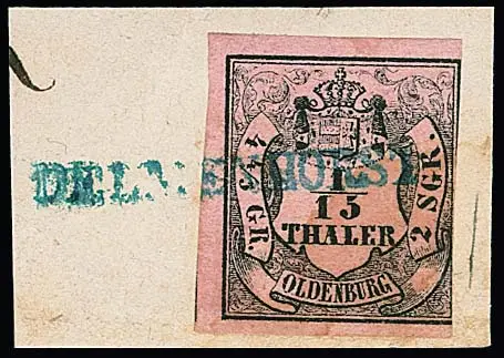 "Delmenhorst", kleiner blauer L1 voll auf Briefstück 1/15 Th. (re. angeschnitten), sowie Ra2 auf 1/30 Th. und 1 Gr.