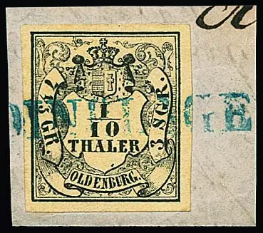 "Dinklage", blauer L1 fast voll auf Kabinettbriefstück mit 1/10 Th., sign. Bühler, sowie der blaue Ra2 auf sechs Werten (drei Bfst.)