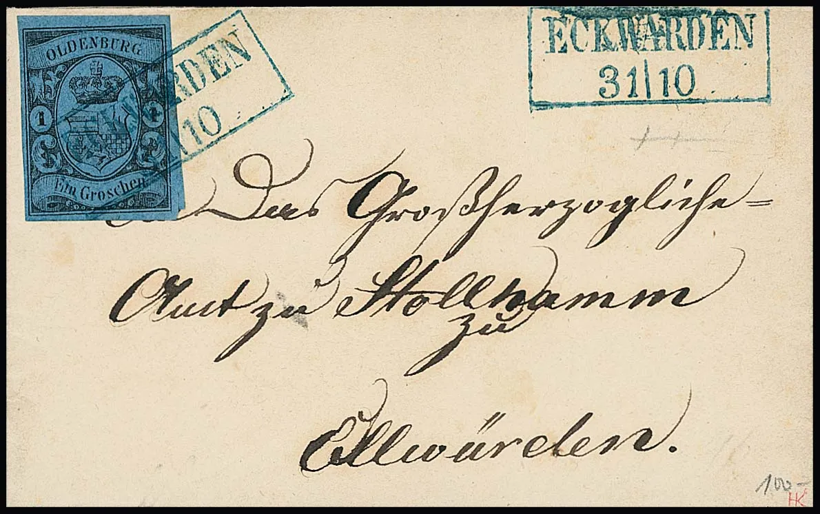 "Eckwarden", Ra2 klar auf Kabinettbriefchen 1 Gr. schw./blau, sign. Krause