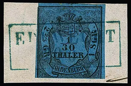 "Edewecht", Ra2 in blau auf sieben Werten, u.a. Briefstück mit 1/30 Th. (berührt)