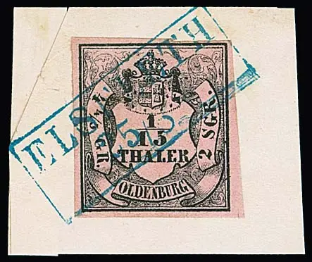 "Elsfleth", Ra2 voll auf (etwas hinterklebtem) Briefstück mit Kabinettstück 1/15 Th., ferner voll auf Paar Wappen 1 Gr. (Bugspur) und Bfst. 1 Gr.