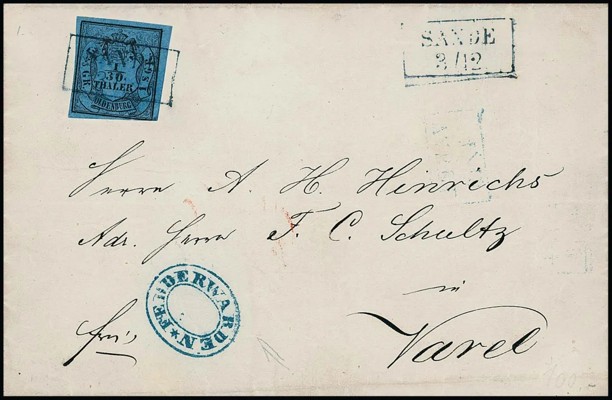 "Fedderwarden", vzácný modrý oválný stempel sbírky dopisů umístěný vedle, známka znehodnocena Ra2 "Sande", na dopise s 1/30 Th. (vpravo dole mírně odřené)