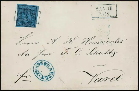 "Fedderwarden", vzácný modrý oválný stempel sbírky dopisů umístěný vedle, známka znehodnocena Ra2 "Sande", na dopise s 1/30 Th. (vpravo dole mírně odřené)