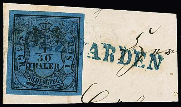 "Golzwarden", blue L1 complete on decorative piece with wide-margined 1/30 Th. (small pre-cut), as well as on superb piece 1/30 Th.