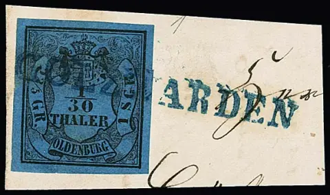 "Golzwarden", blauwe L1 volledig op decoratief stuk met breedgerande 1/30 Th. (kleine voorsnede), evenals op prachtstuk 1/30 Th.