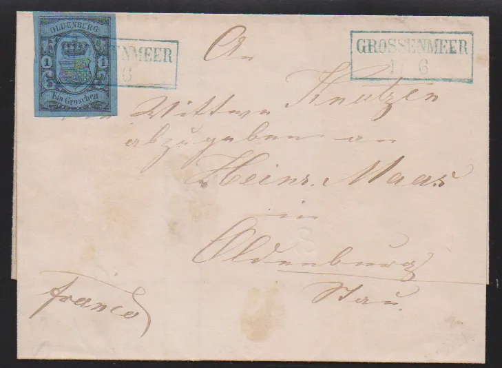 "Grossenmeer", Ra2 clear on letter (paper slightly worn) with wide-margined cabinet piece 1 Gr.
