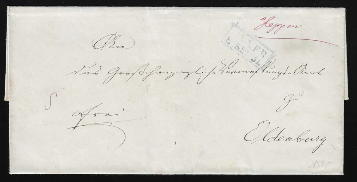 "Heppens", 1851, hs. roter Aufgabevermerk auf Luxusbrief mit Ra2 "Jever"