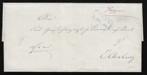 "Heppens", 1851, hs. rode afgiftevermelding op luxe brief met Ra2 "Jever"