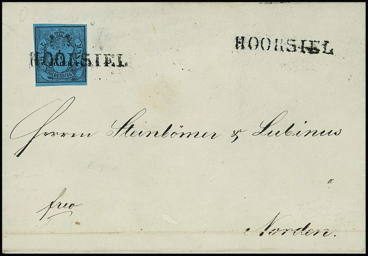 "Hooksiel", černý L1 zřetelný na dopise (dole malá vada papíru mimo obraz) s kabinetním kusem 1/30 Th. černý/modrý, dobrý typ II z 1853