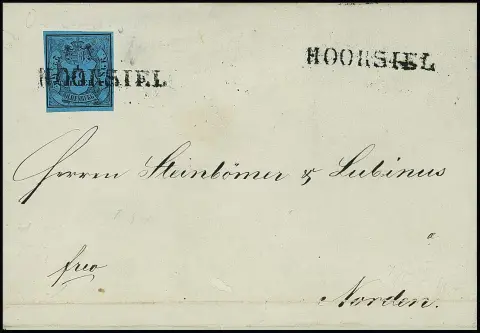 "Hooksiel", černý L1 zřetelný na dopise (dole malá vada papíru mimo obraz) s kabinetním kusem 1/30 Th. černý/modrý, dobrý typ II z 1853