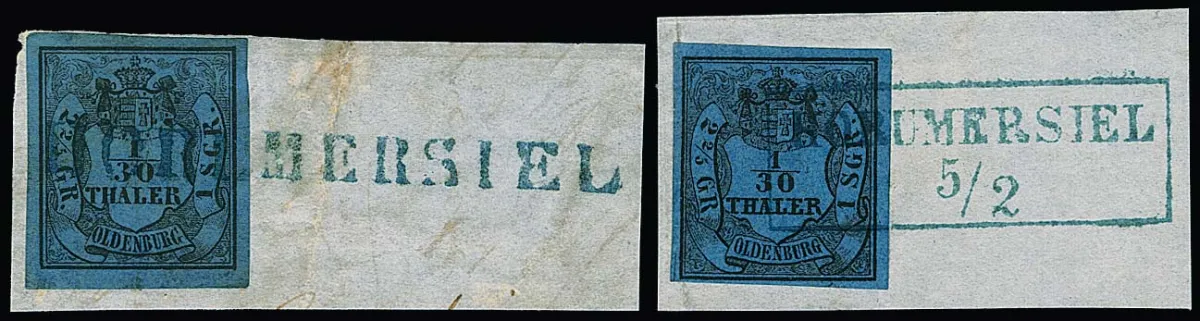 "Horumersiel", Ra2 kompletní na kabinetním ústřižku dopisu 1/30 Th., typ III, jakož i L1 neobvykle kompletní na ústřižku dopisu 1/30 Th. (široké okraje, typ I)