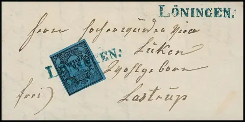 "Löningen", modrý L1 na kabinetním dopise 1856 s 1/30 Th.