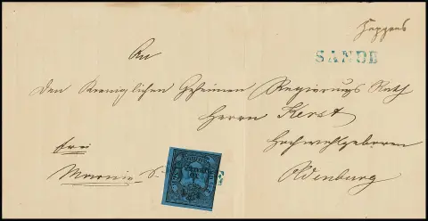 "Sande", blauwe L1 helder op hele brief 1/30 Th. zwart/blauw (geraakt), bovendien met afgiftevermelding "Heppens"
