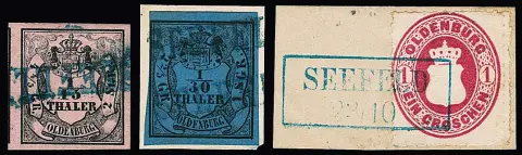 "Seefeld", blauwe L1 op klein briefstuk 1/30 Th., alsook op 1/15 Th. met enorme marges, voorts Ra2 op twee briefstukken wapen 1 Gr.