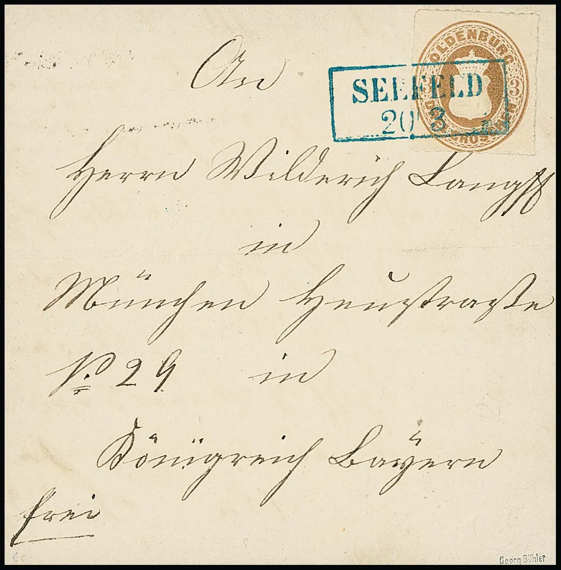 "Seefeld", blauwe Ra2 helder op kabinetbrief wapen 3 Gr. 1866, gesigneerd Bühler