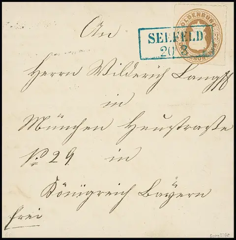 "Seefeld", blauwe Ra2 helder op kabinetbrief wapen 3 Gr. 1866, gesigneerd Bühler