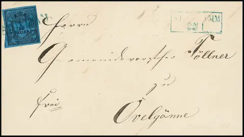 "Stollham", blauwe L1 als stempelontwaarding, Ra2 "Stollhamm" ernaast, op brief met ruimgerande 1/30 Th.