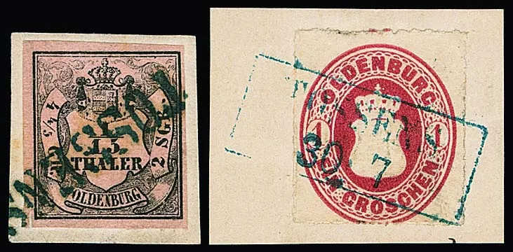 "Tossens", blauer L1 auf Kabinettbriefstück 1/15 Th., sowie Ra2 auf zwei Wappen-Briefstücken 1 Gr. (einmal Spalt)