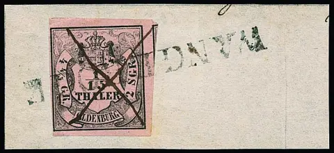 "Wangeroge", vzácný černý L1 s plným křížem pera na nádherném ústřižku dopisu 1/15 Th. černý/růžový v dobrém typu II, známka přes okraj se dvěma bočními známkami, vzácný razítko!