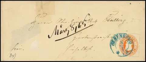 1/2 Gr. oranžová, nádherný jednotlivý kus na místní obálce (trhlina okraje vlevo nahoře podepřena nálepkou) 1865 s K2 "Oldenburg"