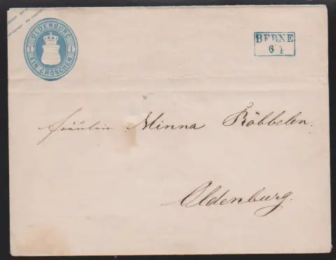 Celina 1 Gr. modrá ve vzácném velkém formátu (typický stav s lehkými stopami po přeložení, horní čtvrtina chlopně na rubu neúplná) s Ra2 "Berne", Mi. 800,-