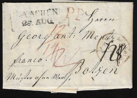 "Aachen", (1815)/1817, červený L2 "103 Aix-la-Chapelle" na dopise s frankaturou do Mainzu, dále červený L1 resp. černý L2 na dvou dopisech, první doporučený, druhý jako vzorek bez hodnoty z Monschau do Bolzana