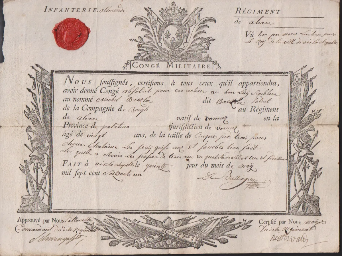 "Aachen", 1761, Militär-Entlassungsschein eines Soldaten aus dem Infanterie-Regiment "d' Alsace" (Elsaß), ausgestellt in Aachen, 15. Mai 1761, mit vs.…