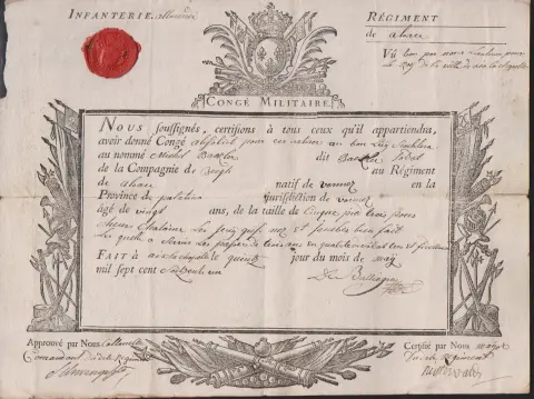 "Aachen", 1761, vojenský propouštěcí list vojáka pěšího pluku "d' Alsace" (Alsasko), vydaný v Aachen, 15. května 1761, s pečetí z pečetního vosku na rubu